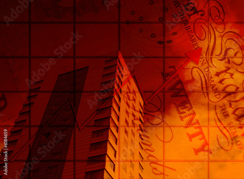Composite of office building and uk bank note overlaid graph.