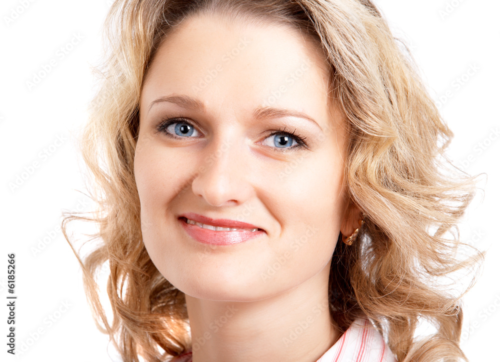 Portrait of blonde girl in pink dress on white background Portrait of blonde girl in pink dress on white background