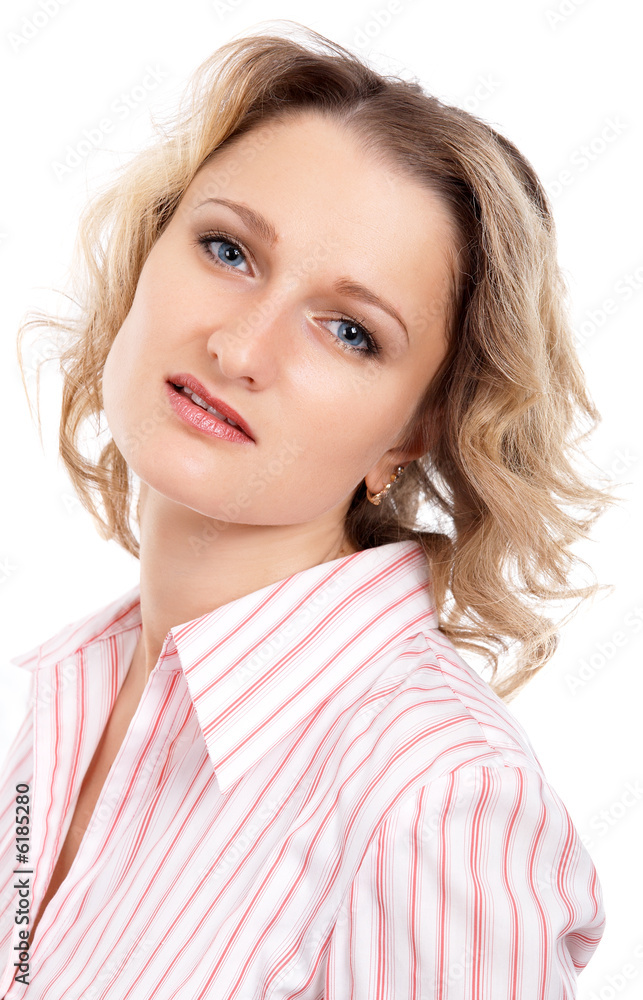 Fototapeta premium Portrait of blonde girl in pink dress on white background