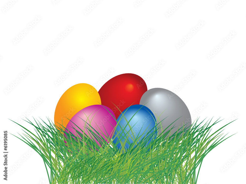 Colored easter eggs in green grass with white background