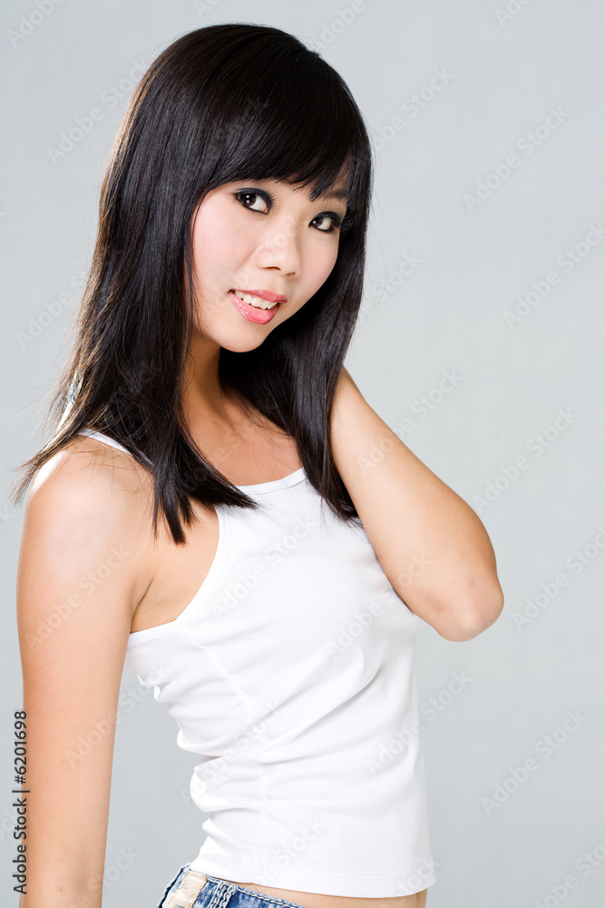 asian long black hair woman with sweet shy smile asian long black hair woman with sweet shy smile