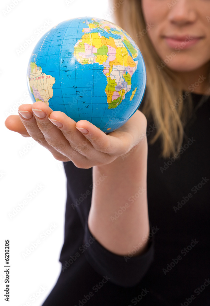 businesswoman holding a mini globe for communications businesswoman holding a mini globe for communications