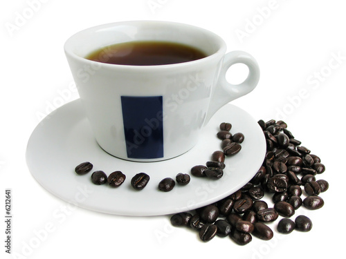 White coffee cup with coffee beans