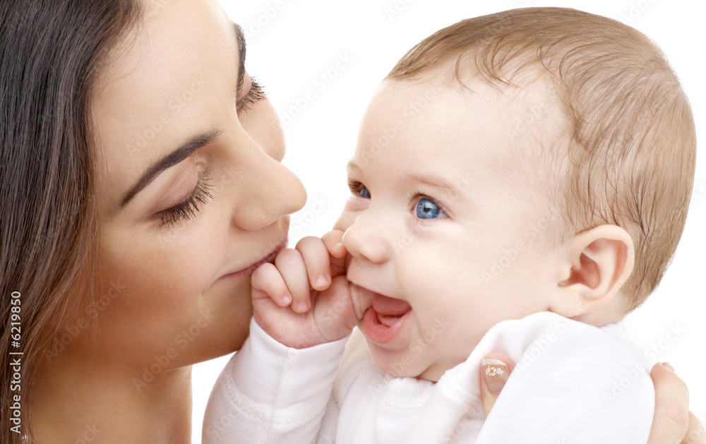 picture of happy mother with baby over white picture of happy mother with baby over white