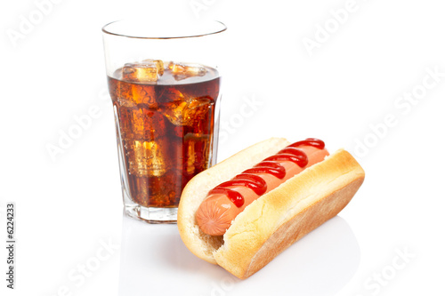 Hot dog and soda glass photo