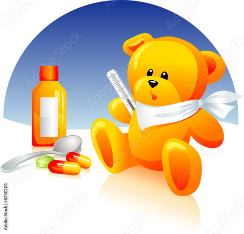Sick Teddy bear, medical treatment. Thermometer,pills,syrup.
