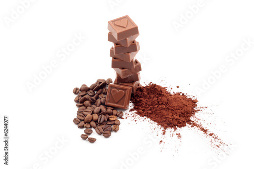 stack of chocolates cocoa and coffee isolated on white