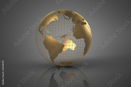 Fototapeta Naklejka Na Ścianę i Meble -  A golden globe with textured surface, reflecting on a grey background, highlighting global connectivity.