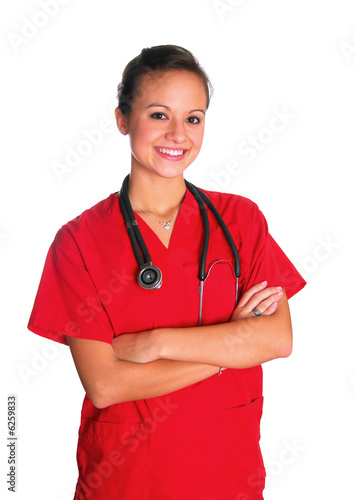A young woman in scrubs with a stethoscope.