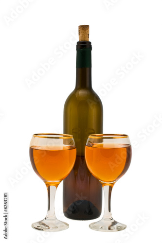 Bottle of wine  and two filled glasses