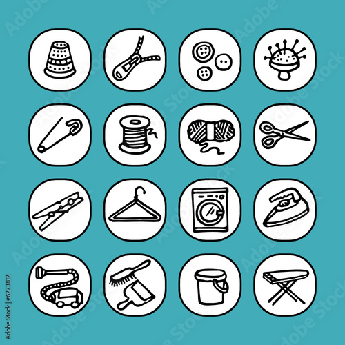 black and white icons set - sewing and cleaning