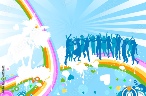 silhouettes on abstract design with rainbow