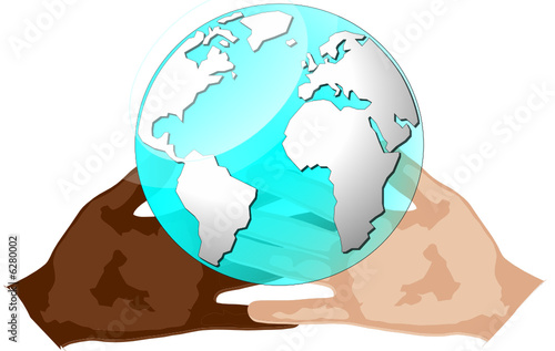 mãos de cores diferentes segurando o mundo líquido