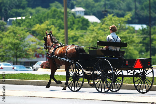 An Amish horse and buggy  traveling down a Pennsylvania street.