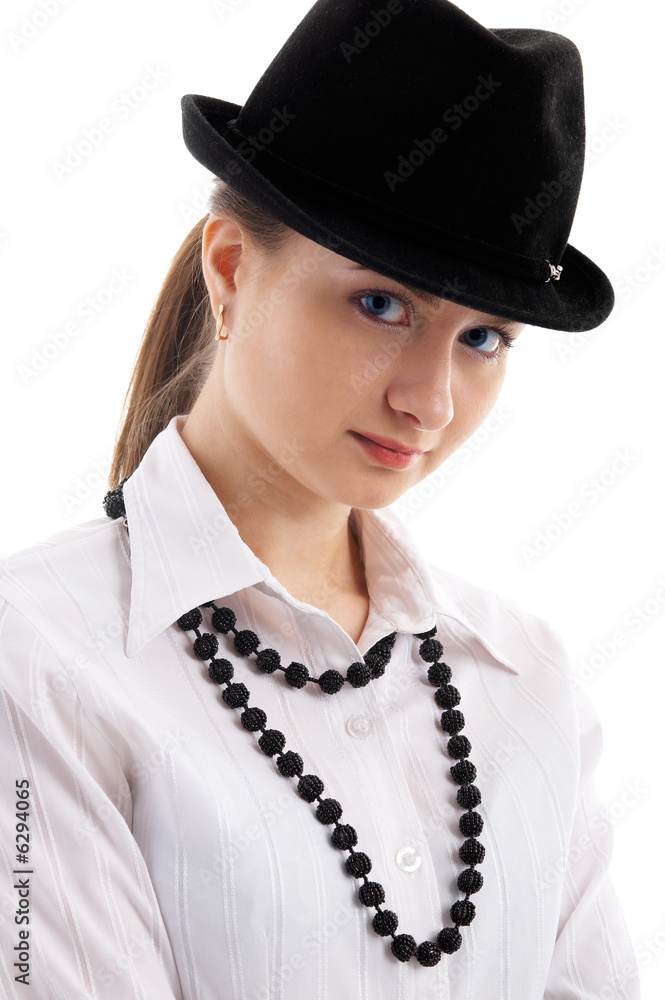 Portrait of young female model in black hat Portrait of young female model in black hat