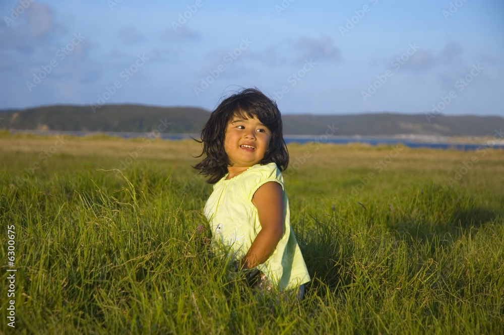 Happy cute little girl on the summer meadow in the evening Happy cute little girl on the summer meadow in the evening