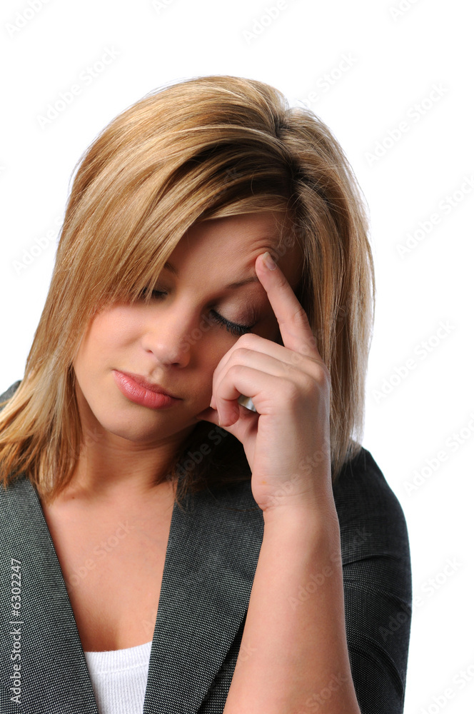 Young woman in distress isolated over a white background