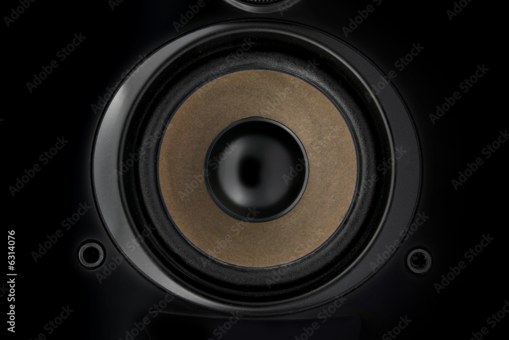 Mid-range speaker, close-up, isolated on black, low key Mid-range speaker, close-up, isolated on black, low key