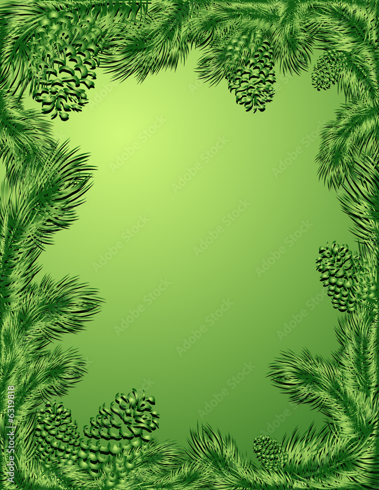 Green frame of pine trees branch, vector illustration