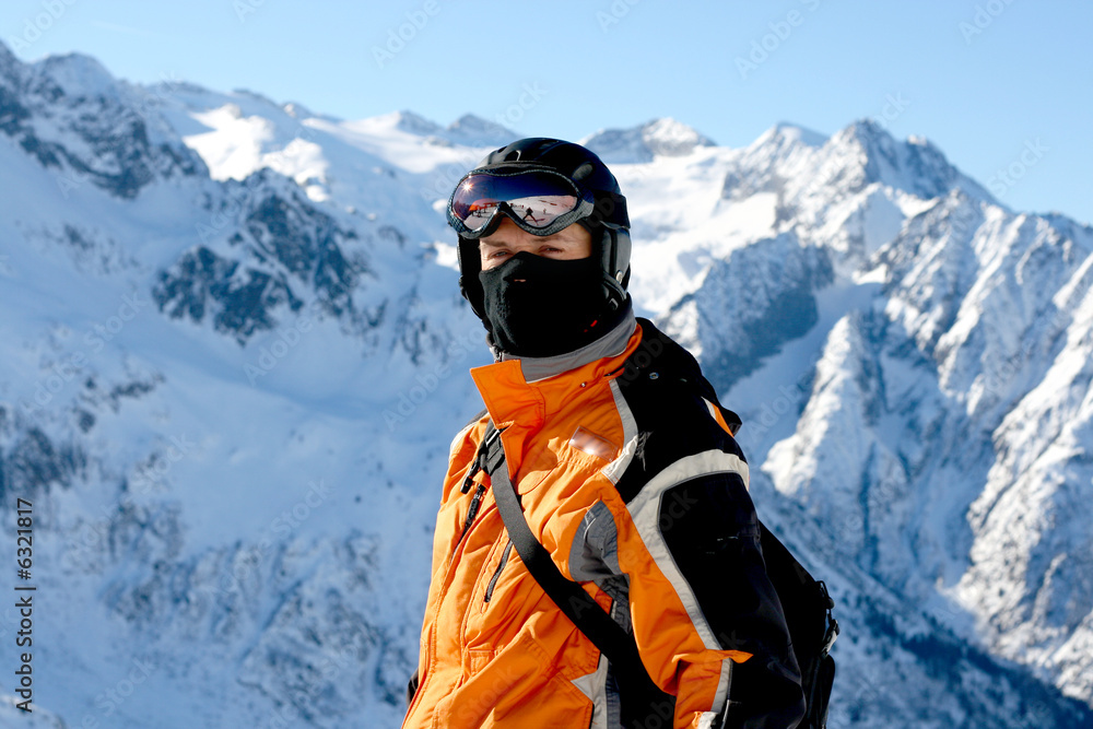 Closeup of Skier or Snowboarder with Helmet