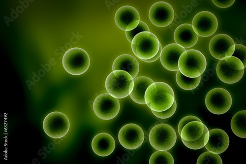 Spawn - numerous glowing, translucent green spheres, resembling cells or microscopic organisms dispersed throughout the image, creating a sense of dynamism and life.