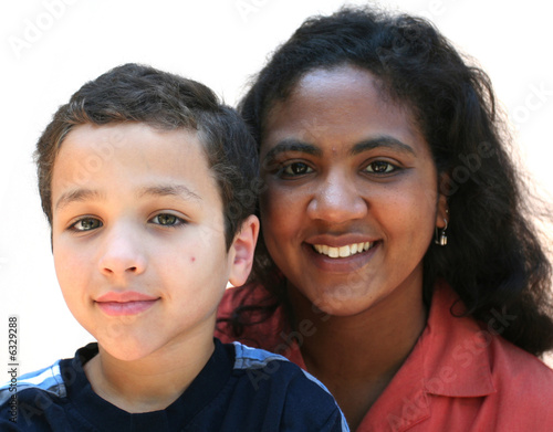 A mother with her son on white background