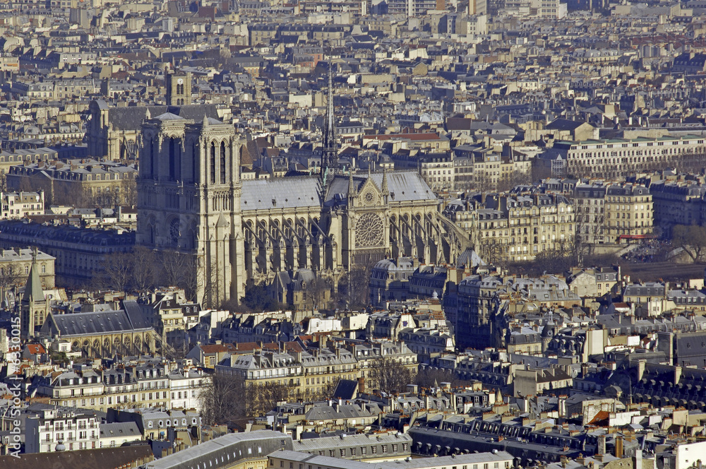 France, Paris: nice aerial city view with Notre Dame cathedral