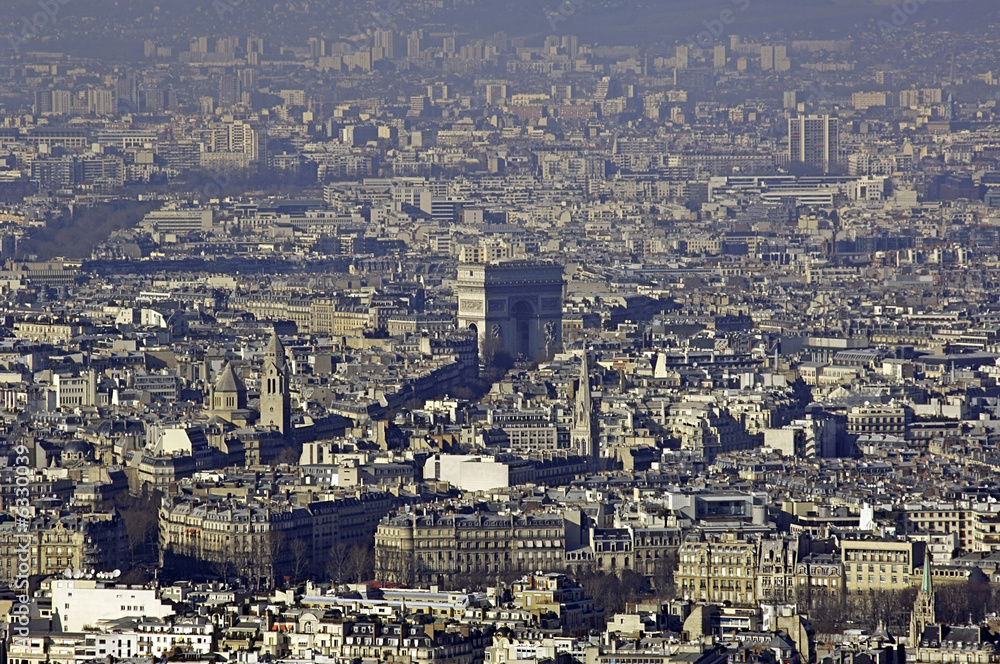 France, Paris: nice aerial city view with Arche du Triomphe