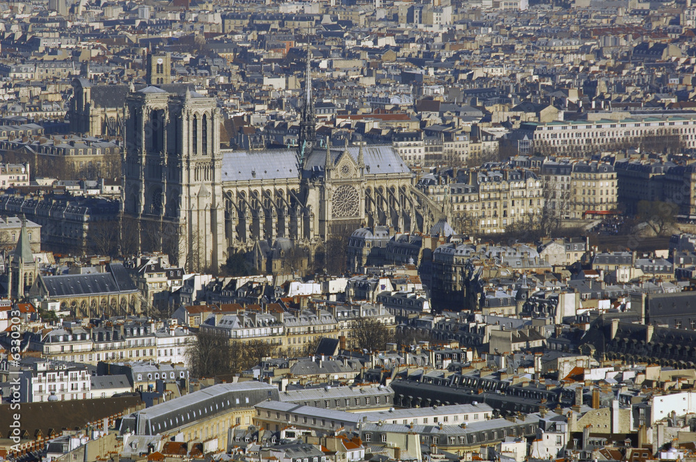 France, Paris: nice aerial city view with Notre Dame cathedral 