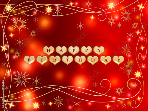 Canvas Print 3d golden hearts, red letters, text - happy birthday, stars