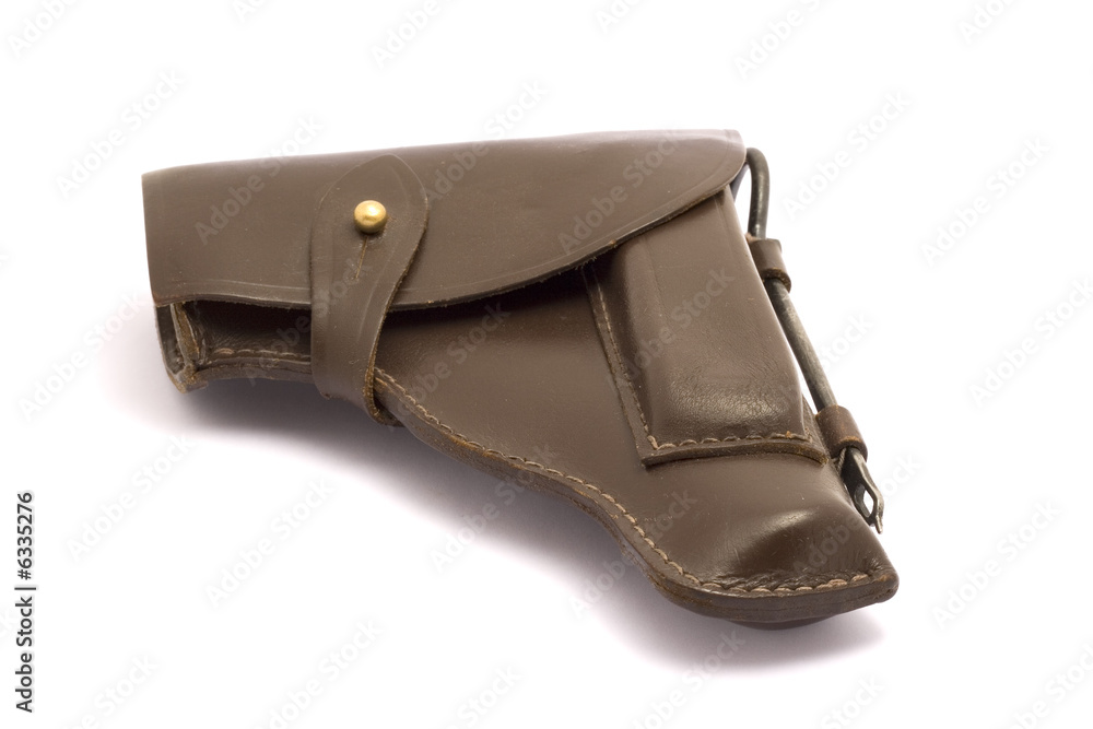 Brown leather PM gun holster isolated on white. Brown leather PM gun holster isolated on white.