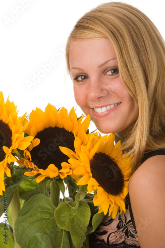 young woman with sunflower on white background