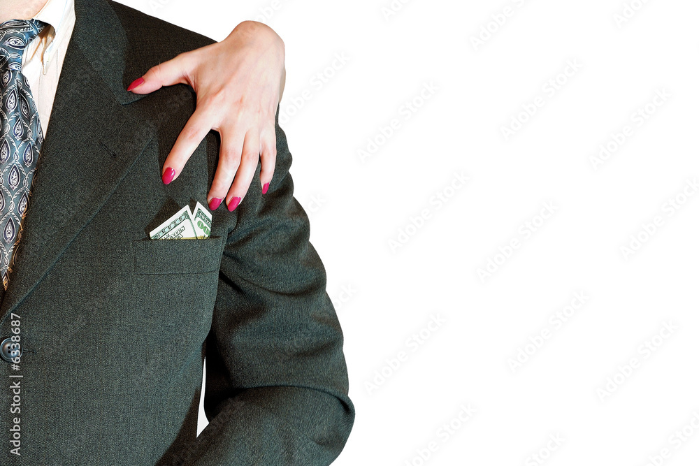 business suit with money and feminine hand