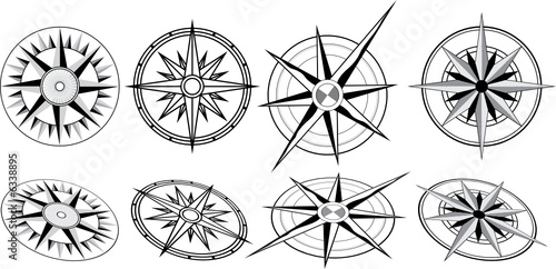 Four compasses, each with two variations in perspective