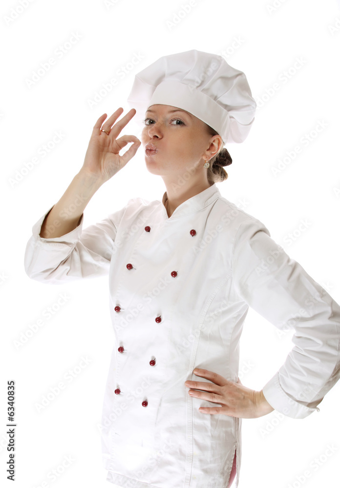 Happy attractive cook woman becoming lean the fingers Happy attractive cook woman becoming lean the fingers