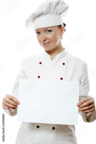 Beautiful cook woman holding a notice board 