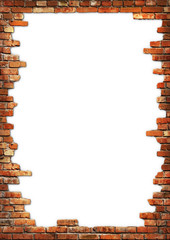 White card background with brick wall framing