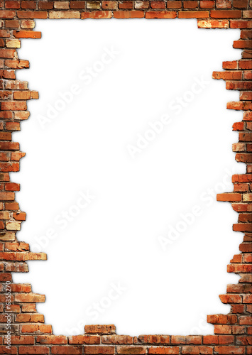 White card background with brick wall framing