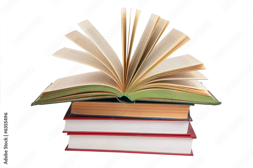 Stack of books with opened book Stack of books with opened book