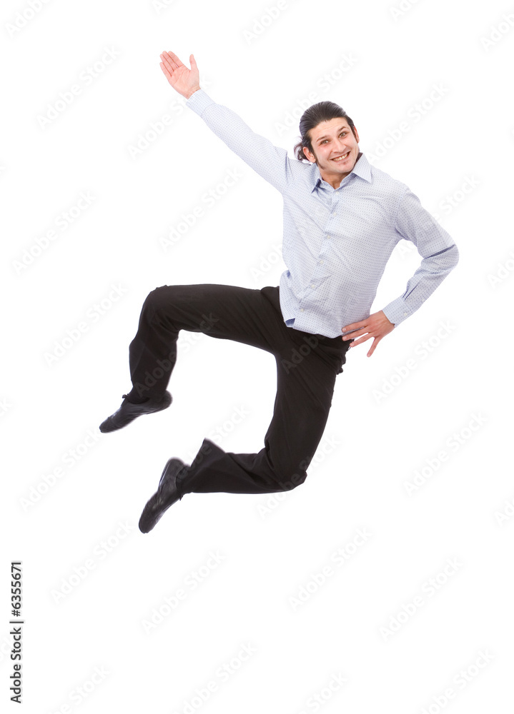 happy businessman jumping high on white background