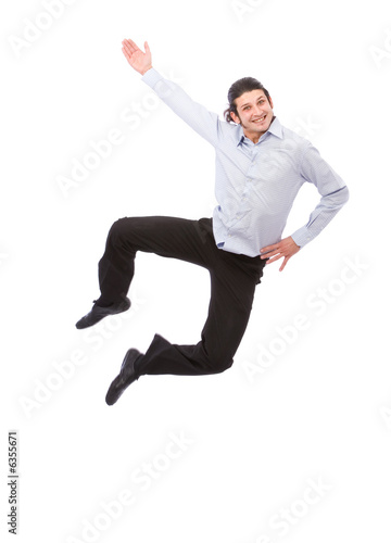 happy businessman jumping high on white background