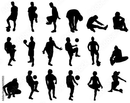 Eighteen silhouette vector images of soccer players.