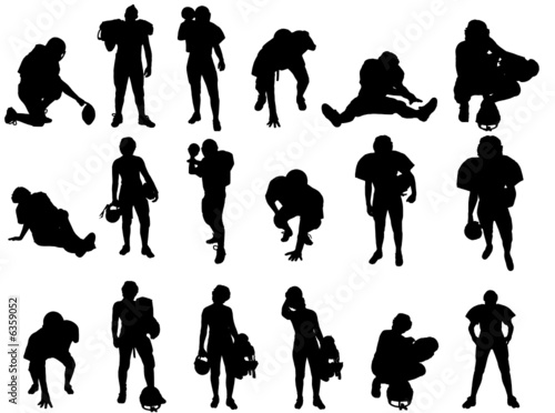 Eighteen silhouette vector images of football players.
