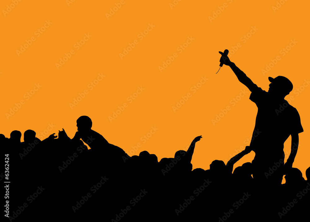 Rock concert with singer talking to the crowd - obrazy, fototapety, plakaty 