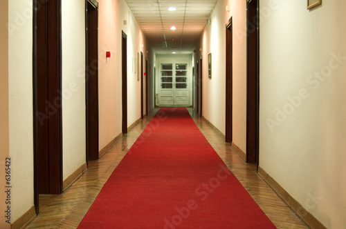Shot of hotel hall interior with red carpet in night scene