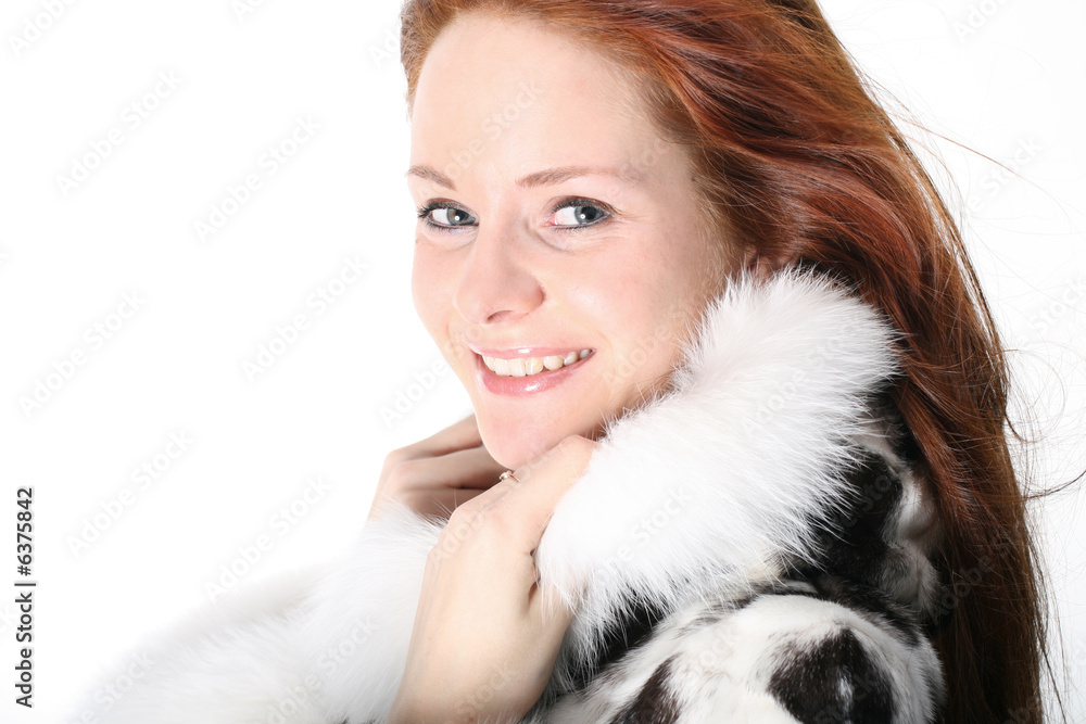 happy red hair girl in fur happy red hair girl in fur