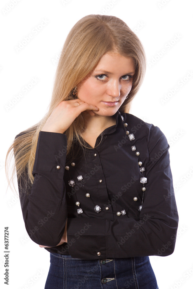 Beauty sad girl dressed in black shirt look to camera Beauty sad girl dressed in black shirt look to camera