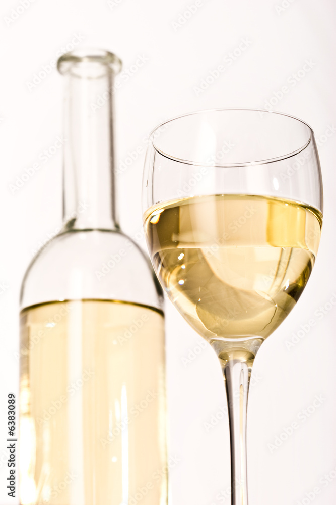 drink series: white wine glass and bottle over white drink series: white wine glass and bottle over white