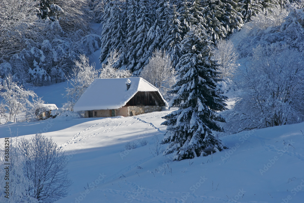 Landscape of mountain showing a house under snow