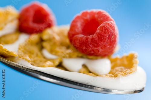 Macro of corn flakes on the spoon with milk and raspberry